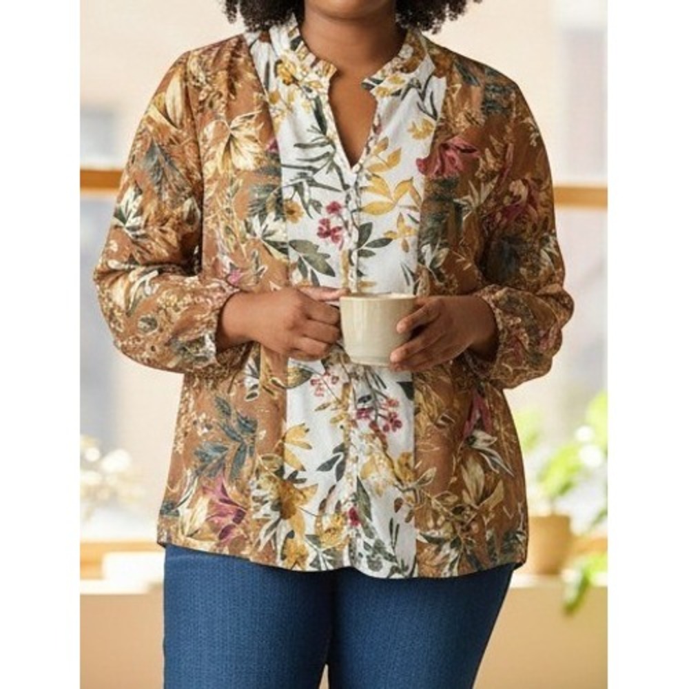 CJ Banks Blouse Womens 16W Multicolor Floral Button Front Long Sleeve
